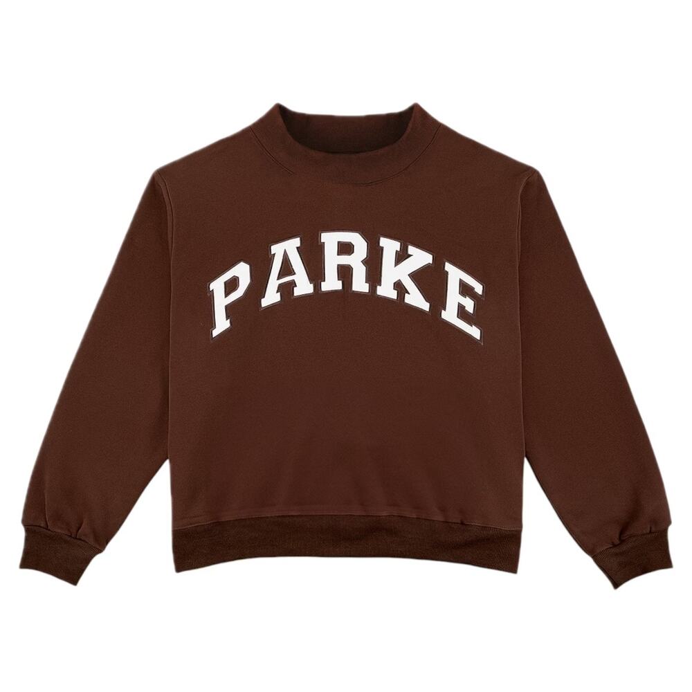 NEW Parke Varsity Mockneck Sweatshirt Brown Oversized Fleece Cozy Lounge Viral - Picture 4 of 16